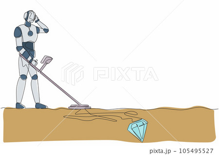 Single one line drawing robot with metal detector looking for diamonds. Future technology development. Artificial intelligence and machine learning. Continuous line design graphic vector illustration 105495527