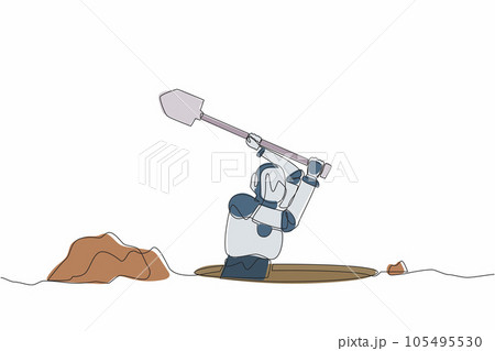 Continuous one line drawing robot digging in dirt using shovel. Humanoid robot cybernetic organism. Future robotics development. Treasure digging. Single line draw design vector graphic illustration 105495530