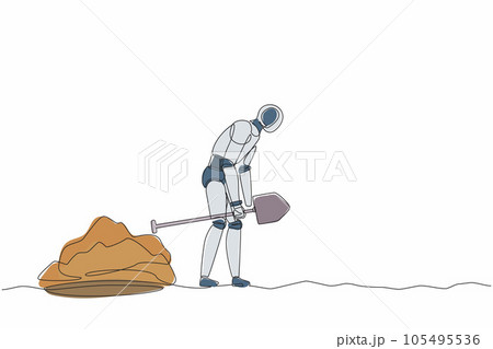 Single one line drawing robot walking unsteadily leaving hole dug dragging shovel. Future technology. Artificial intelligence and machine learning. Continuous line design graphic vector illustration 105495536