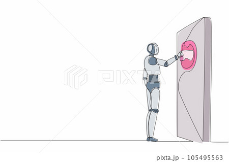 Single one line drawing robot is painting abstract picture on the wall. Future technology development. Artificial intelligence and machine learning. Continuous line design graphic vector illustration 105495563