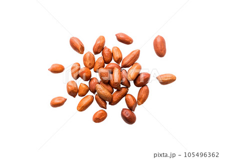 pile unpeeled peanuts isolated on white background, top view. Flat lay Healthy food concept pile unpeeled peanuts isolated on white background, top view. Flat lay Healthy food concept 105496362