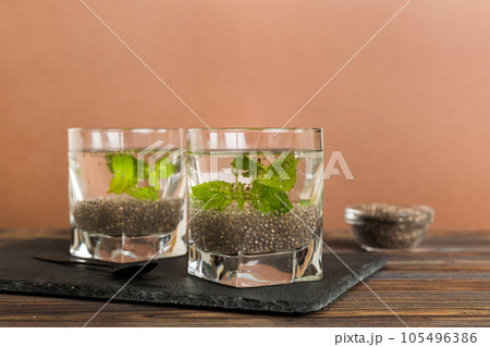 Healthy breakfast or morning with chia seeds and mint on table background, vegetarian food, diet and health concept. Chia pudding with and mint 105496386