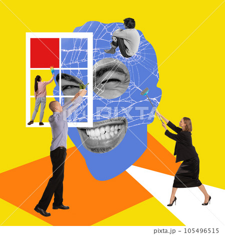 Conceptual design. Young people taking care after mental health, cleaning mind for wellness. Contemporary art collage. Conceptual design. Young people taking care after mental health, cleaning mind for wellness. Contemporary art collage. 105496515