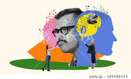 Women working on calmness and clearness of mind. Men suffering from depression and sadness. Conceptual design. Contemporary art collage. Women working on calmness and clearness of mind. Men suffering from depression and sadness. Conceptual design. Contemporary art collage. 105496554