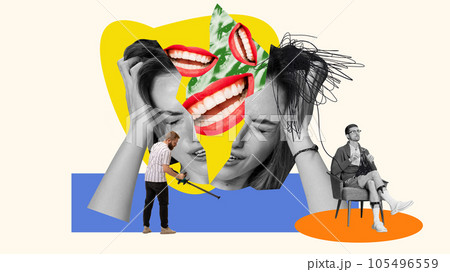 Conceptual design. Young woman suffering from mental breakdown, depression and sadness. Contemporary art collage. Conceptual design. Young woman suffering from mental breakdown, depression and sadness. Contemporary art collage. 105496559