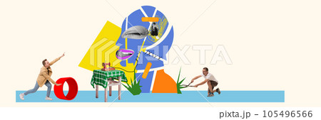 Conceptual design. Men helping teen girl to overcome mental problems. Assistance. Growing calmness in mind. Contemporary art collage. 105496566
