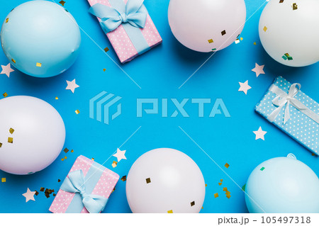 Flat lay party decoration concept on pastel colored background from above. Love concept. Holiday celebration. Valentine Day or birthday party decoration 105497318