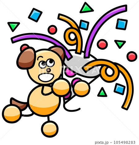 クラッカーを鳴らすわんまるのイラスト(左右反転バージョン)　犬 105498283