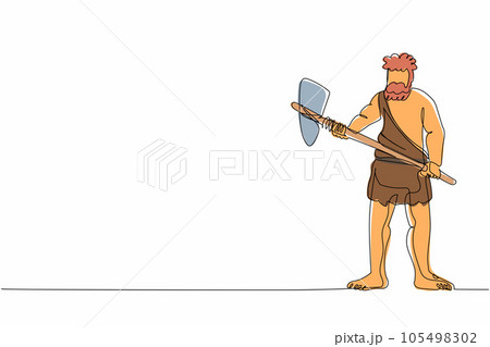Single one line drawing primitive archaic man wearing clothes made of animal skin and holding big stone axe. Caveman, warrior or hunter from stone age. Continuous line draw design graphic illustration 105498302