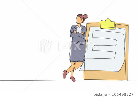 Single continuous line drawing relaxed businesswoman standing and lean against clipboard. Successfully completed checklist. Goal achievement planning schedule. One line draw design vector illustration 105498327