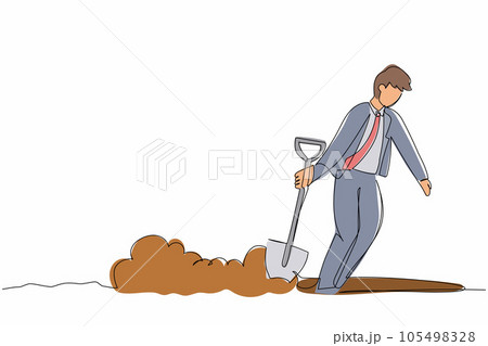 Single one line drawing unhappy businessman walking unsteadily leaving hole dug dragging shovel. Exhausted office worker gave up and stopped trying. Continuous line design graphic vector illustration Single one line drawing unhappy businessman walking unsteadily leaving hole dug dragging shovel. Exhausted office worker gave up and stopped trying. Continuous line design graphic vector illustration 105498328