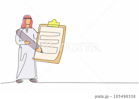 Single one line drawing Arab businessman standing and holding clipboard with checklist. Business success completed plan. Fulfilled tasks. Completed job. Continuous line draw design vector illustration 105498338