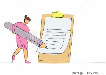 Continuous one line drawing businesswoman writing on clipboard with pencil. Person completion business task. Goal achievements planning schedule. Single line draw design vector graphic illustration Continuous one line drawing businesswoman writing on clipboard with pencil. Person completion business task. Goal achievements planning schedule. Single line draw design vector graphic illustration 105498355