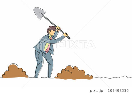 Single one line drawing active businessman digging in dirt using shovel. Office worker dig ground with spade. Treasure digging, growth wealth concept. Continuous line draw design vector illustration Single one line drawing active businessman digging in dirt using shovel. Office worker dig ground with spade. Treasure digging, growth wealth concept. Continuous line draw design vector illustration 105498356