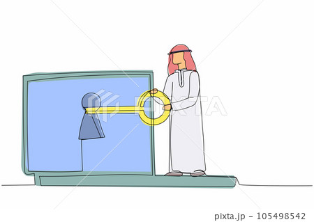 Single one line drawing Arabian businessman putting key into laptop. Protection and safety login. Internet encryption, access to encrypted data. Continuous line draw design graphic vector illustration 105498542