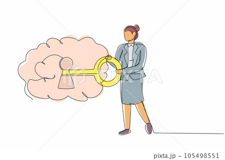 Continuous one line drawing businesswoman put key into brain. Open minded concept. Mental health care, psychology. Philosophy metaphor, personality. Single line draw design vector graphic illustration 105498551
