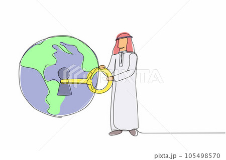 Continuous one line drawing Arabian businessman putting big key into globe. Global warming alert for people around the world. Security and data safety. Single line graphic design vector illustration 105498570