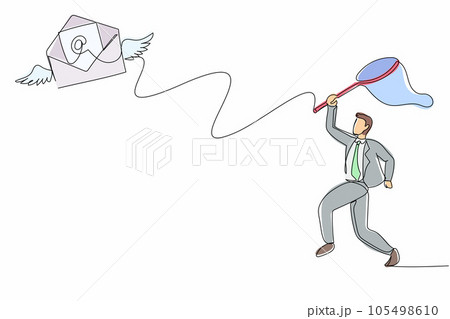 Continuous one line drawing businessman try to catching flying mail with butterfly net. Not read incoming message. Decoration for greeting cards, posters. Single line draw design vector illustration 105498610