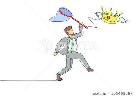 Single one line drawing businessman try to catching flying crown with butterfly net. Royal, luxury, vip, first class sign. Winner award. Modern continuous line draw design graphic vector illustration 105498667