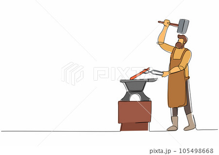 Continuous one line drawing bearded blacksmith in apron forging blade on the anvil. Smith working with hammer and anvil. Historical, fairytale craftsman. Single line design vector graphic illustration Continuous one line drawing bearded blacksmith in apron forging blade on the anvil. Smith working with hammer and anvil. Historical, fairytale craftsman. Single line design vector graphic illustration 105498668