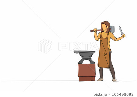 Single one line drawing female blacksmith standing in front of anvil wearing apron carrying sledgehammer and holding completed forged small sword. Continuous line design graphic vector illustration 105498695