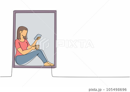 Single one line drawing young lady sitting on windowsill with coffee and enjoying rest time with smartphone. Woman relaxing at home with mobile phone. Continuous line draw design vector illustration 105498696