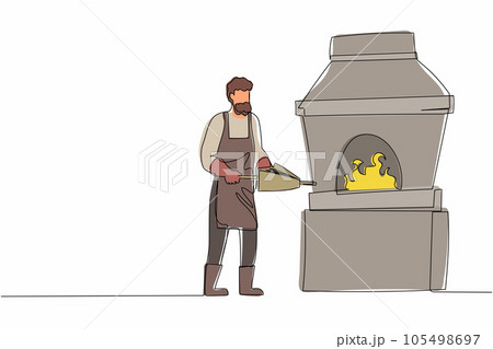 Continuous one line drawing bearded blacksmith standing wearing apron, pumping forge bellows. Craftsman at work furnace oven in metalwork workshop. Single line draw design vector graphic illustration 105498697