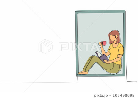 Continuous one line drawing woman on windowsill reading book with cup of hot coffee or tea. Enjoy atmosphere of day in window of room. Stay at home. Single line draw design vector graphic illustration Continuous one line drawing woman on windowsill reading book with cup of hot coffee or tea. Enjoy atmosphere of day in window of room. Stay at home. Single line draw design vector graphic illustration 105498698