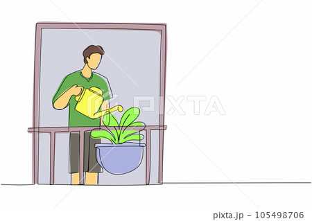 Single one line drawing man watering flowers on the balcony. Young guy doing gardening favorite hobby. Home garden, house plants growing. Modern continuous line draw design graphic vector illustration 105498706