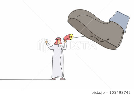Single continuous line drawing active Arab businessman speaking with megaphone under giant shoe. Boot stepping on businessperson. Minimalism metaphor. One line draw graphic design vector illustration 105498743
