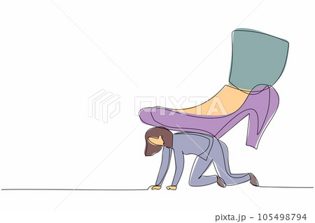 Single continuous line drawing businesswoman crawling under giant foot trample. Female employee oppressed by the boss with under big shoe. Minimalist metaphor. One line draw design vector illustration 105498794