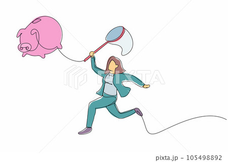Continuous one line drawing businesswoman try to catching flying piggy bank with butterfly net. Loss job. No income. Savings lost due to dismissal. Single line draw design vector graphic illustration Continuous one line drawing businesswoman try to catching flying piggy bank with butterfly net. Loss job. No income. Savings lost due to dismissal. Single line draw design vector graphic illustration 105498892
