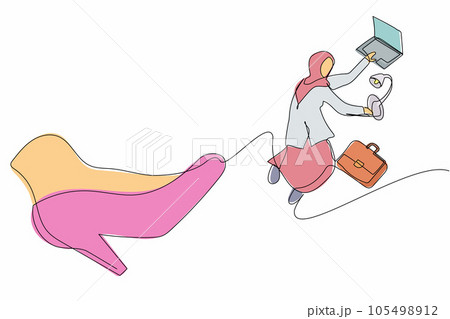 Single one line drawing unhappy Arabian businesswoman kicked out of work with office supplies. Manager being fired. Staff reduction. Minimal metaphor. Continuous line draw design vector illustration Single one line drawing unhappy Arabian businesswoman kicked out of work with office supplies. Manager being fired. Staff reduction. Minimal metaphor. Continuous line draw design vector illustration 105498912