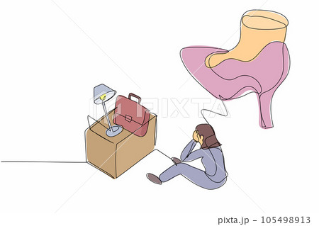 Single one line drawing young businesswoman sitting on floor near office supplies under big foot stomp. Unemployment, jobless, job reduction metaphor. Continuous line draw design vector illustration 105498913