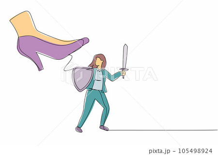 Single one line drawing young businesswoman fight to giant foot with shield and sword. Office worker against boss big shoe stomp. Minimal metaphor. Continuous line design graphic vector illustration Single one line drawing young businesswoman fight to giant foot with shield and sword. Office worker against boss big shoe stomp. Minimal metaphor. Continuous line design graphic vector illustration 105498924