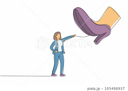 Single continuous line drawing active businesswoman facing against giant shoes stomping. Office worker pointing against giant foot step. Minimalism metaphor. One line draw design vector illustration 105498937