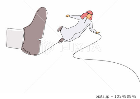 Single one line drawing young Arab businessman getting fired, flying through air after being kicked in the back. Male employee become jobless. Continuous line draw design graphic vector illustration 105498948