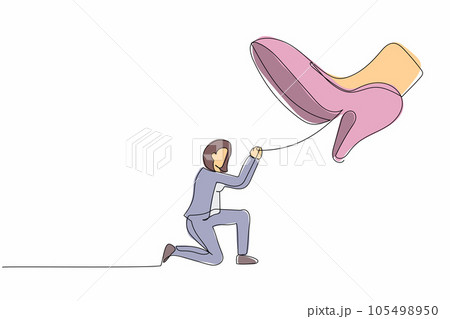 Single continuous line drawing businesswoman kneel down under giant feet. Concept for authority, exploitation, dictator figure. Minimalist metaphor. One line draw graphic design vector illustration 105498950