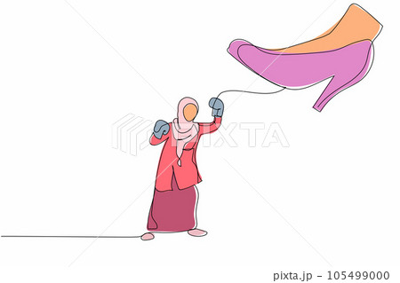 Single continuous line drawing young Arab businesswoman punching uppercut under big foot stomp. Manager against authoritarian or anger boss. Minimal metaphor. One line draw design vector illustration 105499000