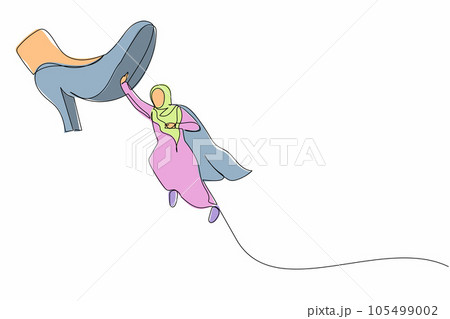 Continuous one line drawing brave Arab businesswoman flying with hero capes against giant shoes stomping. Female manager fly up against giant foot step. Single line design vector graphic illustration 105499002