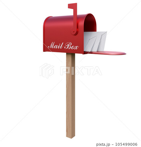 A red mailboxes with a open door, a raised flag, and letters envelope inside 3d render 105499006