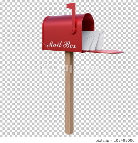 A red mailboxes with a open door, a raised flag, and letters envelope inside 3d render 105499006