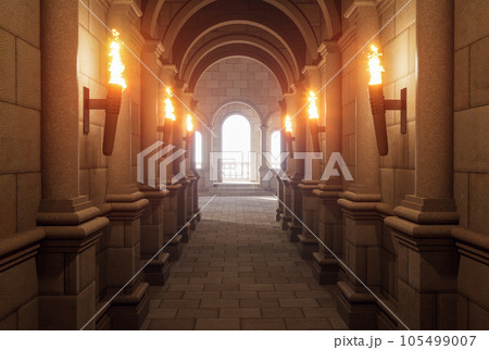 Cinematic style an ancient ornate tunnel, the end of which is a hall made of stone decorated with torches and arched 3d render illustration 105499007