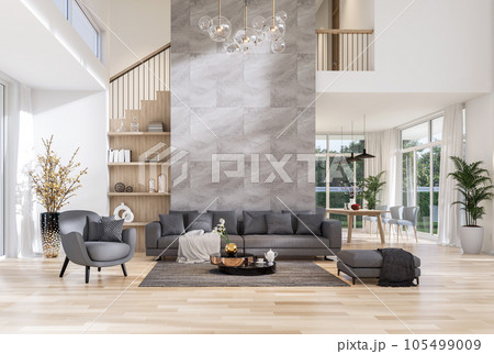 Modern contemporary style high living room with garden view 3d render 105499009