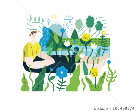 Greenery, ecology -modern flat vector concept illustration of a man sitting in the landscape with river and waterfall. Metaphor of environmental sustainability and protection, closeness to nature Greenery, ecology -modern flat vector concept illustration of a man sitting in the landscape with river and waterfall. Metaphor of environmental sustainability and protection, closeness to nature 105499574