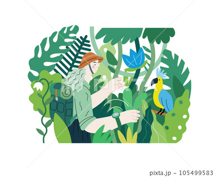 Greenery, ecology -modern flat vector concept illustration of a woman exploring the jungle and a wild bird in a tree. Metaphor of environmental sustainability and protection, closeness to nature 105499583