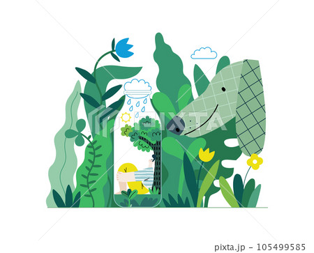 Greenery, ecology -modern flat vector concept illustration of a man in teh bottle, his ecosystem. Dog in a park. Metaphor of environmental sustainability and protection, closeness to nature 105499585