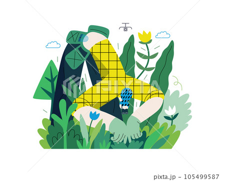 Greenery, ecology -modern flat vector concept illustration of a female gardener carrying the plants. Metaphor of environmental sustainability and protection, closeness to nature 105499587