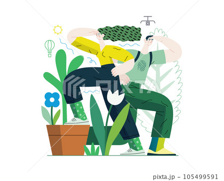 Greenery, ecology -modern flat vector concept illustration of observing people surrounded by plants. Metaphor of environmental sustainability and protection, closeness to nature 105499591