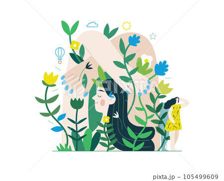 Greenery, ecology -modern flat vector concept illustration of a mural of a woman, surrounded by plants. Metaphor of environmental sustainability and protection, closeness to nature 105499609